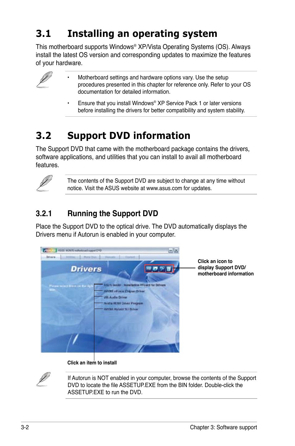 1 installing an operating system, 2 support dvd information, 1 running the support dvd | Installing an operating system -2, Support dvd information -2 3.2.1, Running the support dvd -2 | Asus M3N78 User Manual | Page 88 / 100