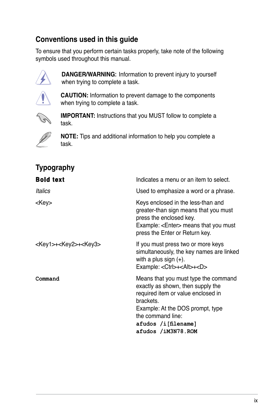 Conventions used in this guide, Typography | Asus M3N78 User Manual | Page 9 / 100