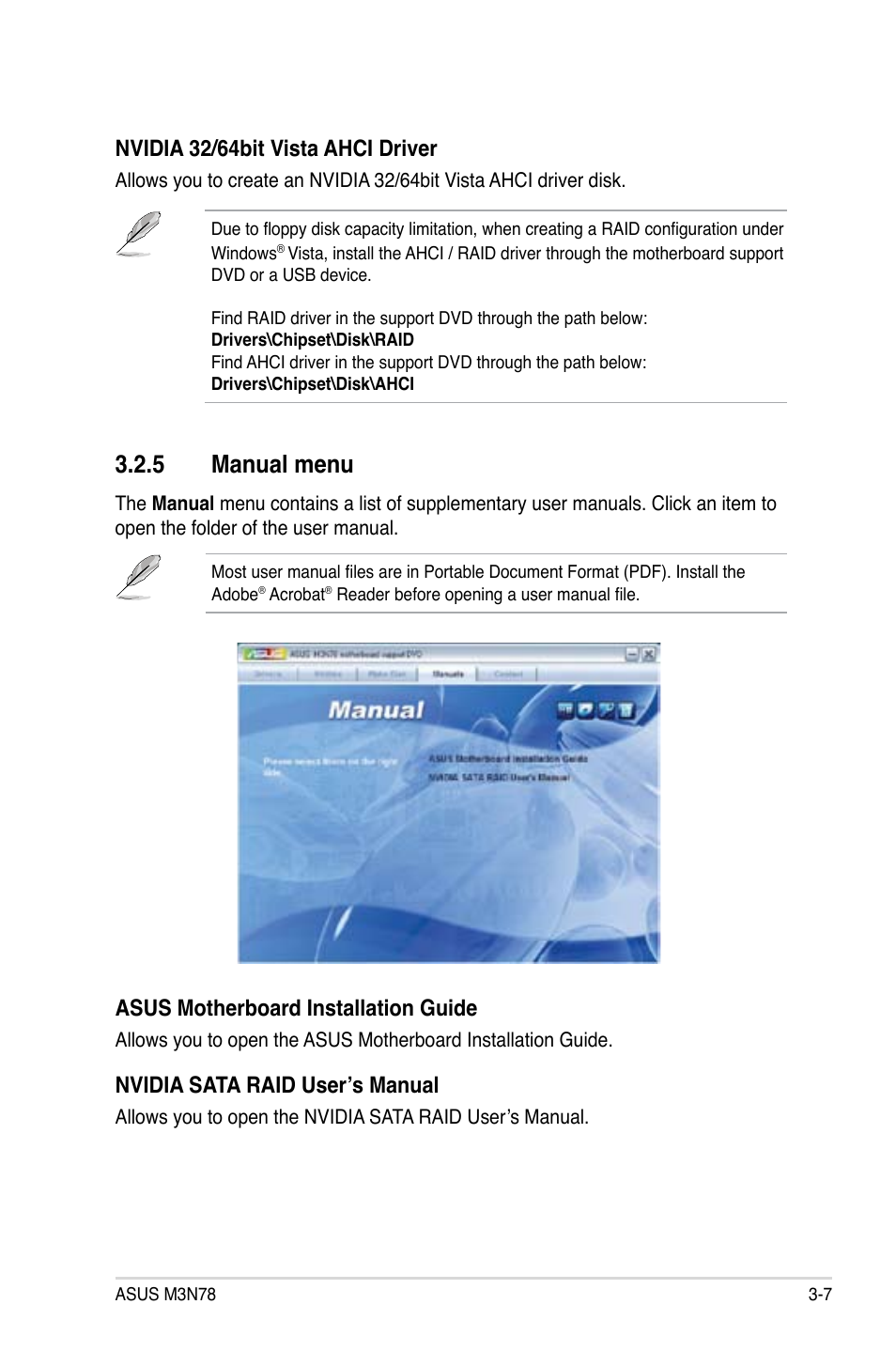 5 manual menu, Manual menu -7, Asus motherboard installation guide | Nvidia sata raid user’s manual, Nvidia 32/64bit vista ahci driver | Asus M3N78 User Manual | Page 93 / 100