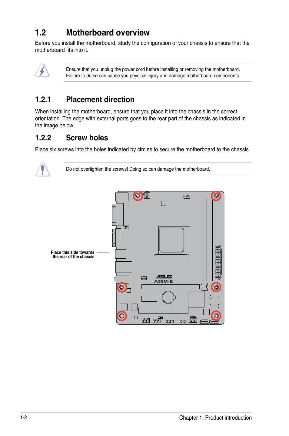 2 motherboard overview, 2 motherboard overview -2, 1 placement direction | 2 screw holes | Asus A55M-E User Manual | Page 10 / 47