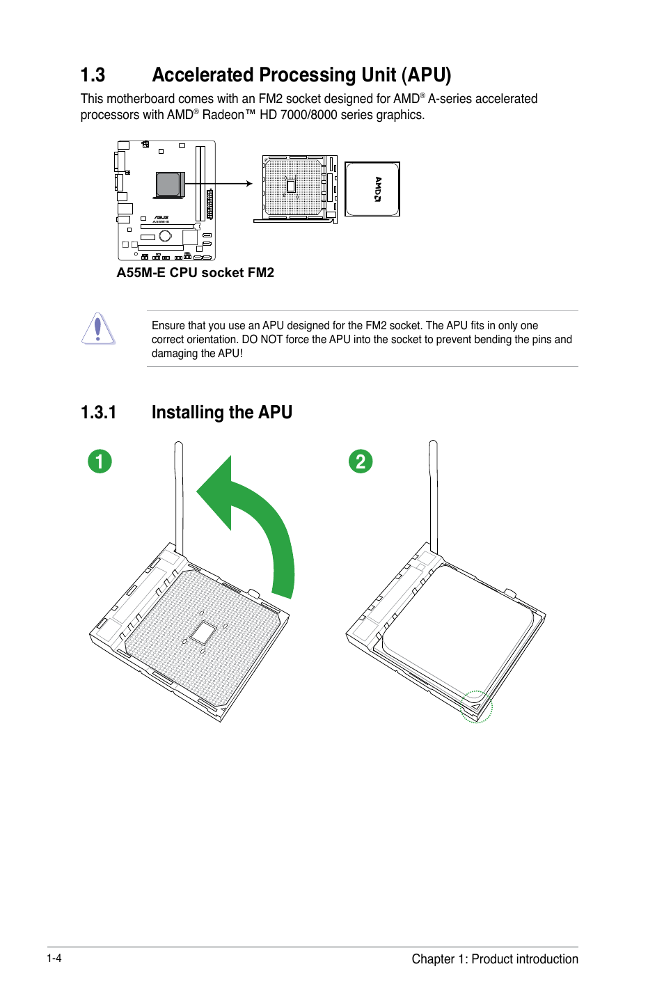 3 accelerated processing unit (apu), 3 accelerated processing unit (apu) -4, 1 installing the apu | Asus A55M-E User Manual | Page 12 / 47