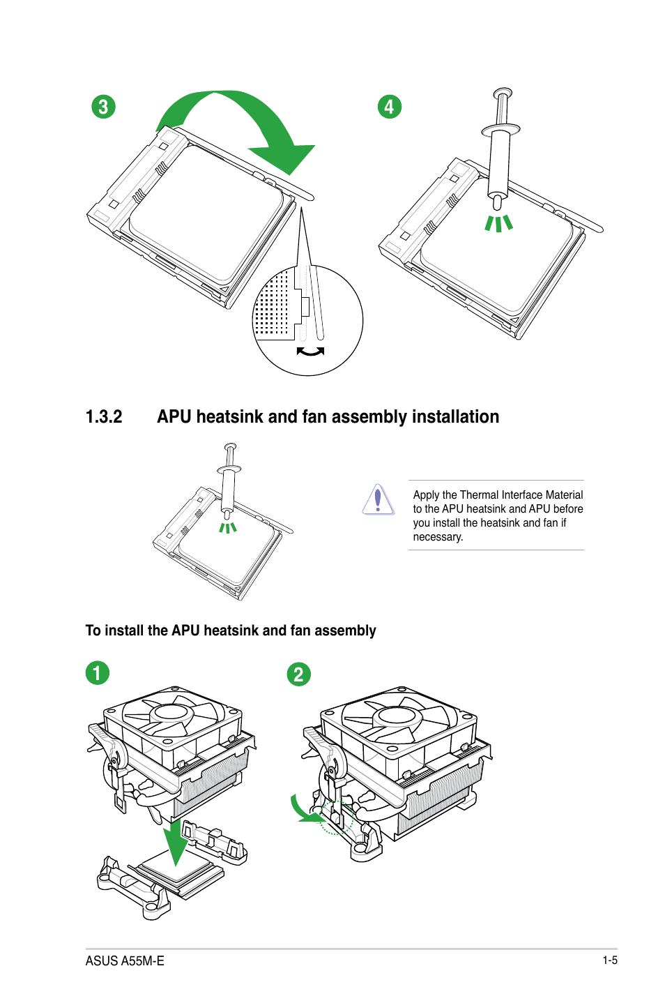 2 apu heatsink and fan assembly installation | Asus A55M-E User Manual | Page 13 / 47