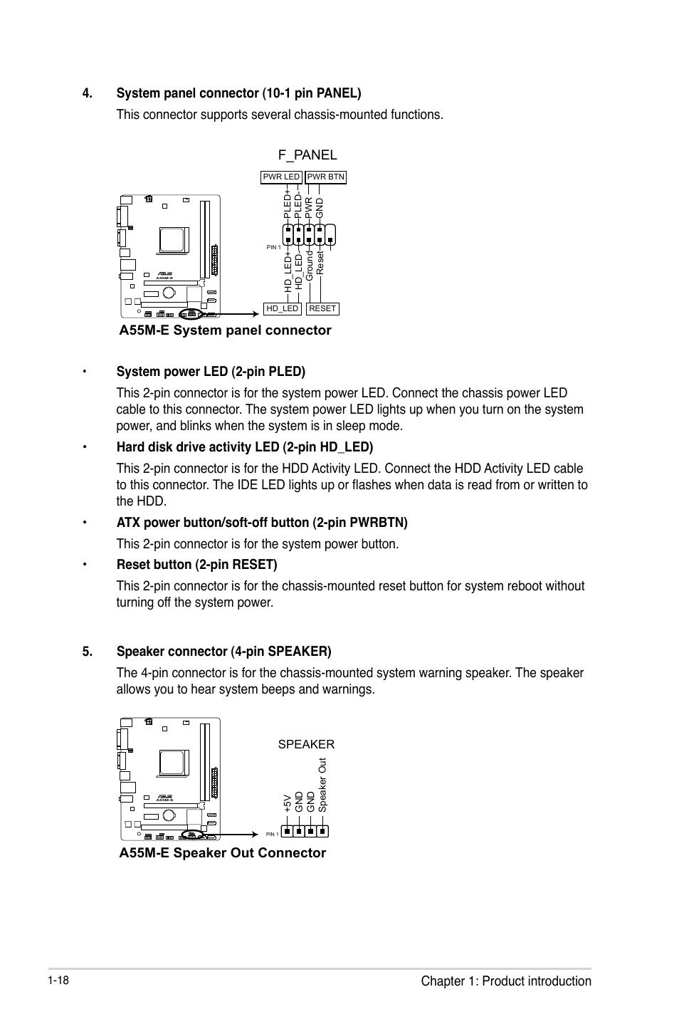 A55m-e system panel connector, F_panel, A55m-e speaker out connector | Asus A55M-E User Manual | Page 26 / 47