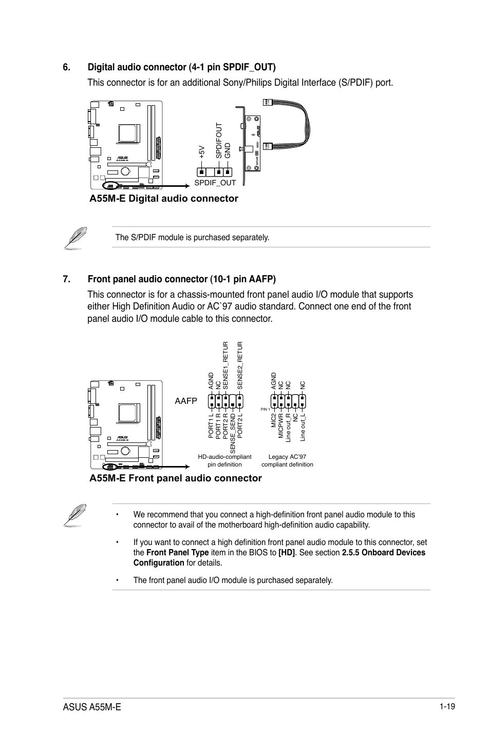 Asus a55m-e, A55m-e digital audio connector, A55m-e front panel audio connector | Asus A55M-E User Manual | Page 27 / 47