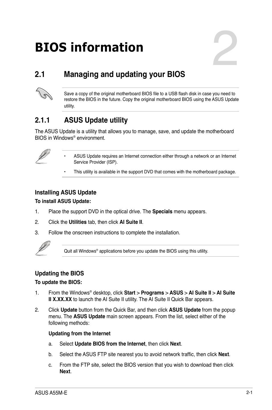 Chapter 2: bios information, 1 managing and updating your bios, Bios information | 1 managing and updating your bios -1, 1 asus update utility | Asus A55M-E User Manual | Page 30 / 47