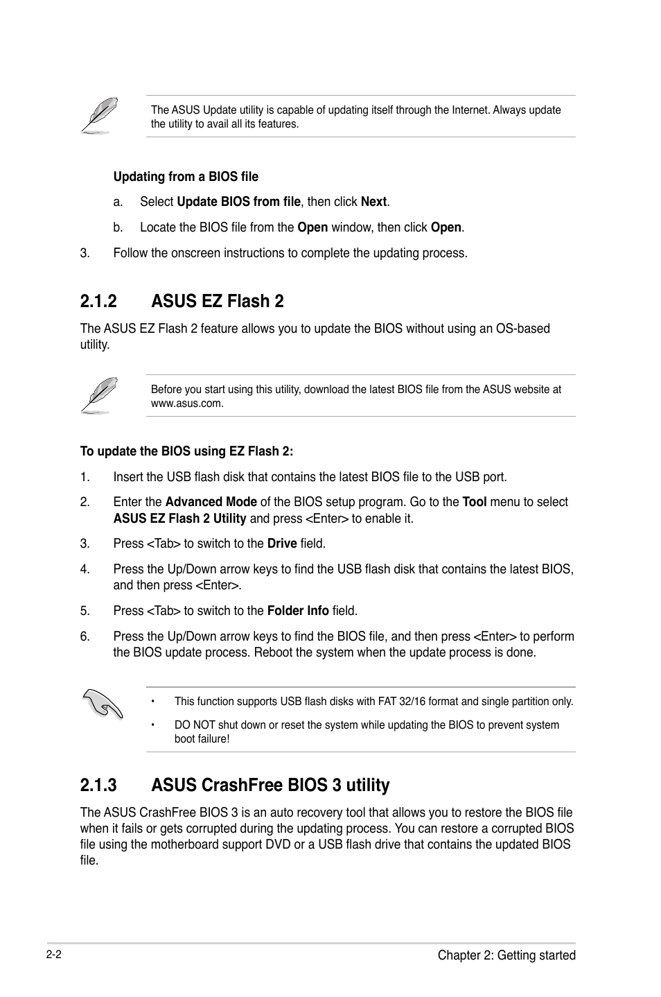 2 asus ez flash 2, 3 asus crashfree bios 3 utility | Asus A55M-E User Manual | Page 31 / 47