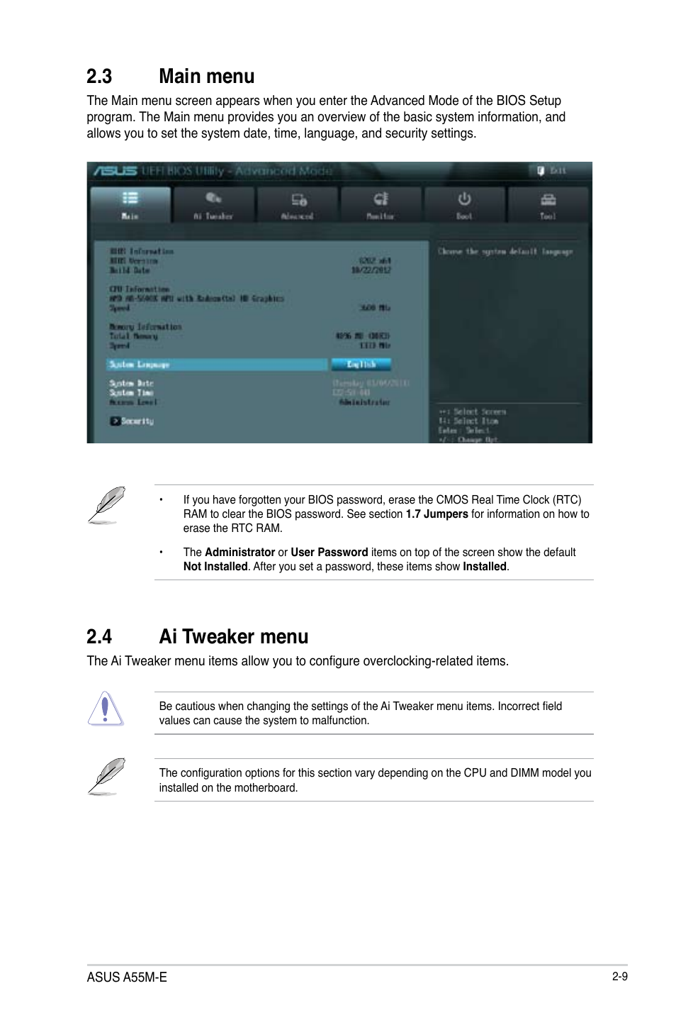 3 main menu, 4 ai tweaker menu, 3 main menu -9 2.4 ai tweaker menu -9 | Asus A55M-E User Manual | Page 38 / 47