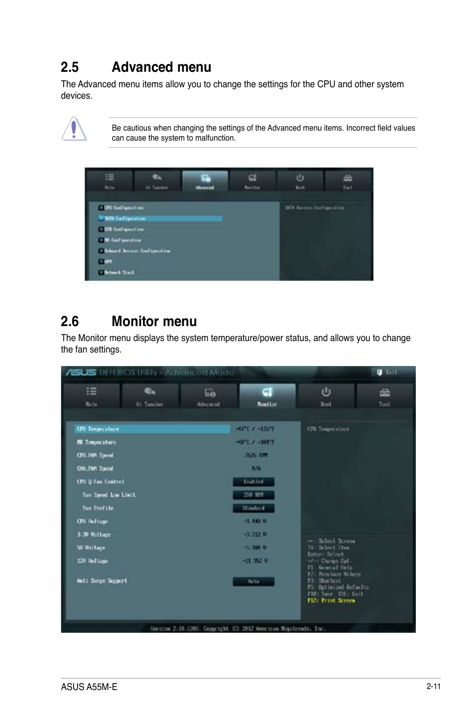 5 advanced menu, 6 monitor menu, 5 advanced menu -11 2.6 monitor menu -11 | Asus A55M-E User Manual | Page 40 / 47