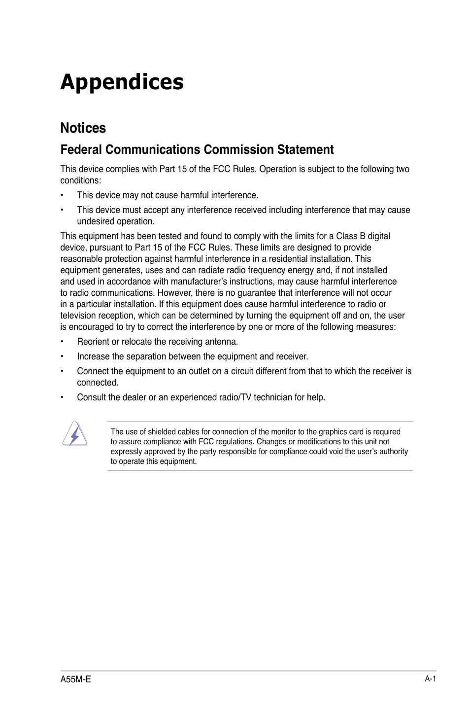 Appendices, Notices, Federal communications commission statement | Asus A55M-E User Manual | Page 43 / 47