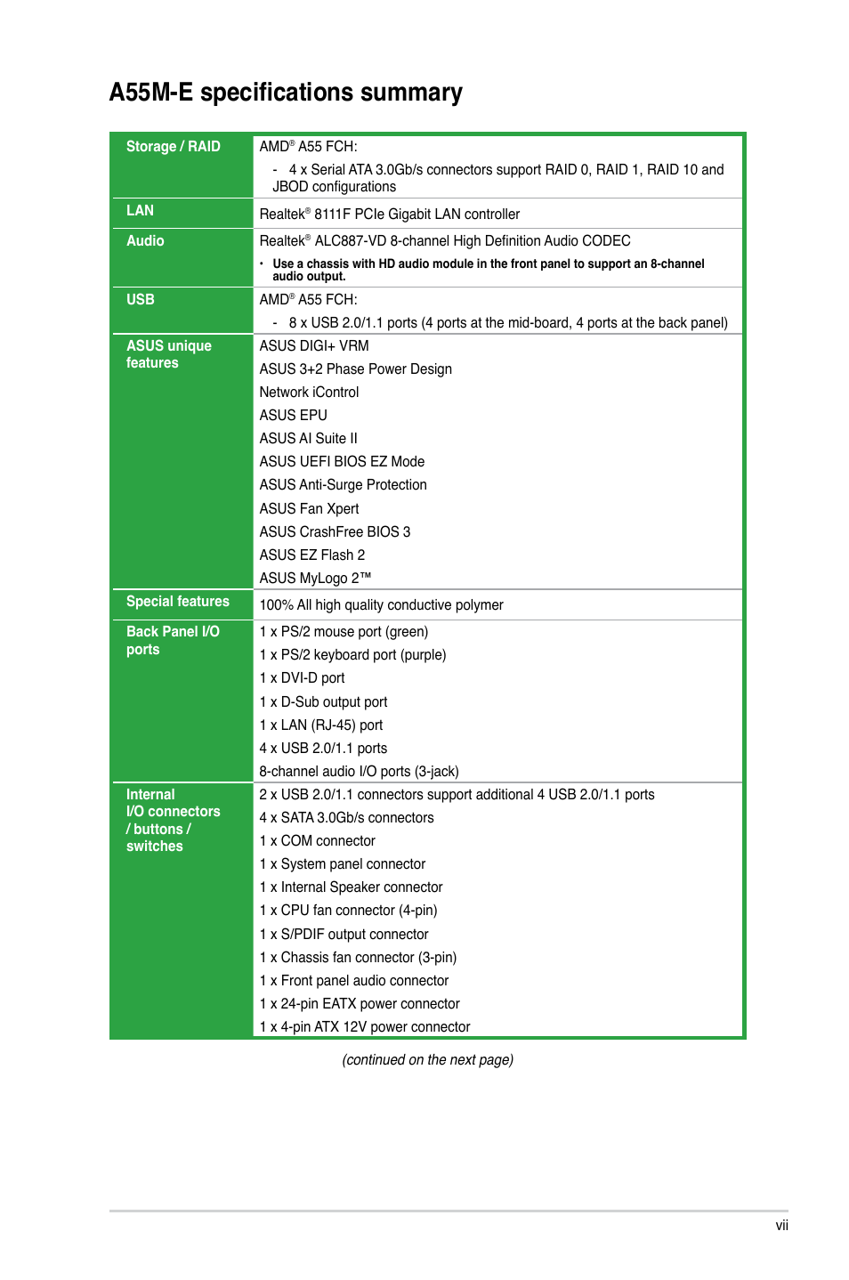 A55m-e specifications summary | Asus A55M-E User Manual | Page 7 / 47