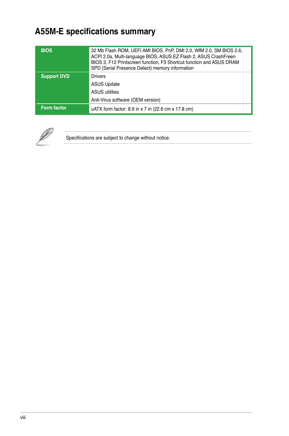 A55m-e specifications summary | Asus A55M-E User Manual | Page 8 / 47