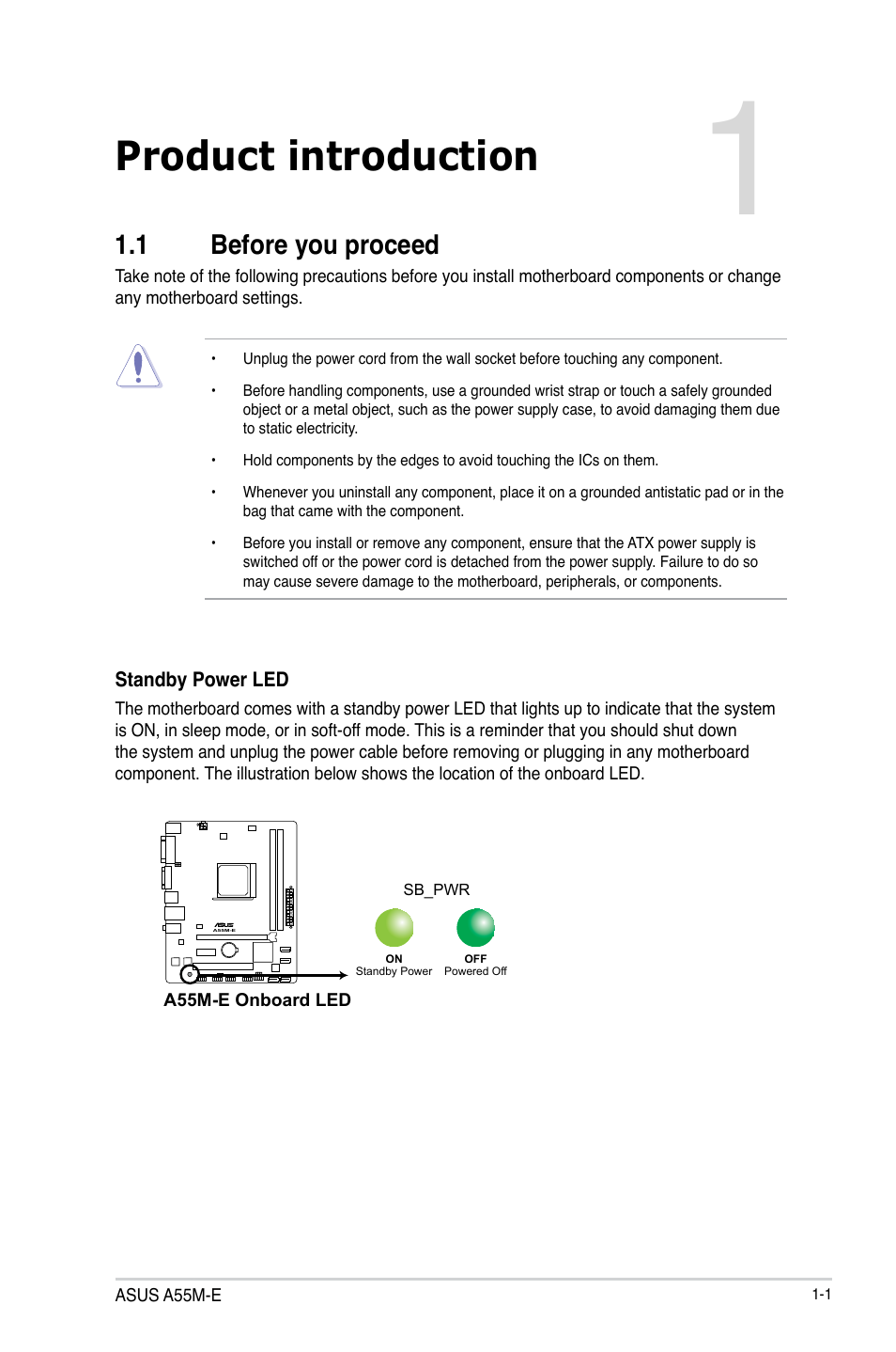 Chapter 1: product introduction, 1 before you proceed, Product introduction | 1 before you proceed -1 | Asus A55M-E User Manual | Page 9 / 47