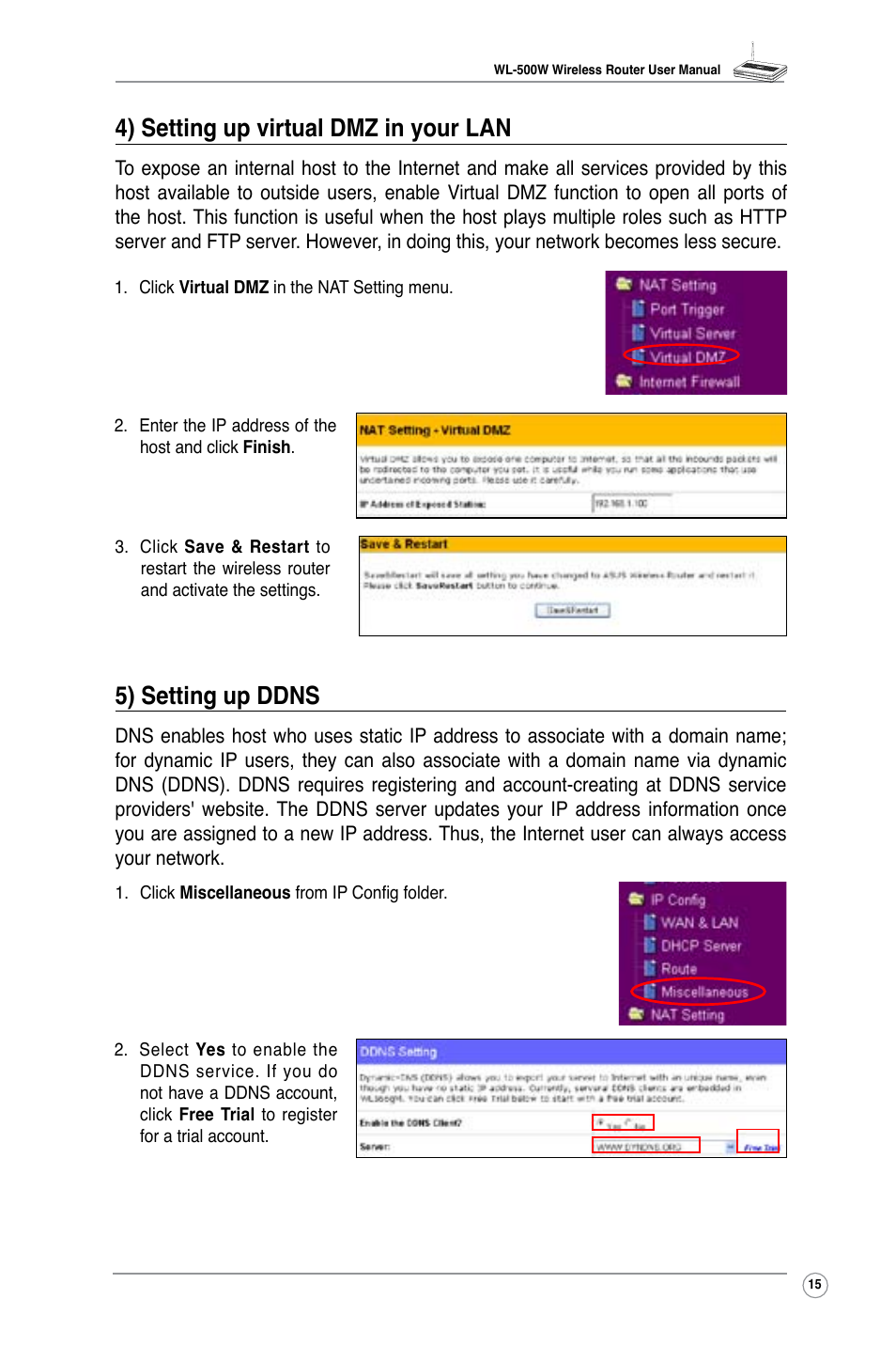 5) setting up ddns, 4) setting up virtual dmz in your lan | Asus WL-500W User Manual | Page 17 / 44