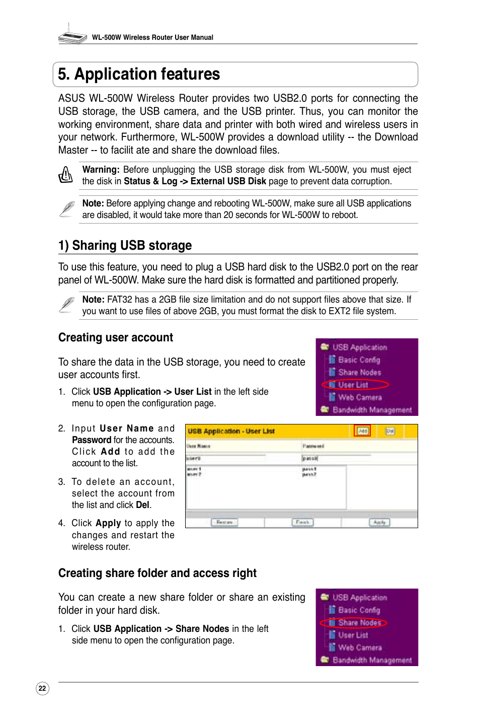 Application features, 1) sharing usb storage, Creating user account | Creating share folder and access right | Asus WL-500W User Manual | Page 24 / 44