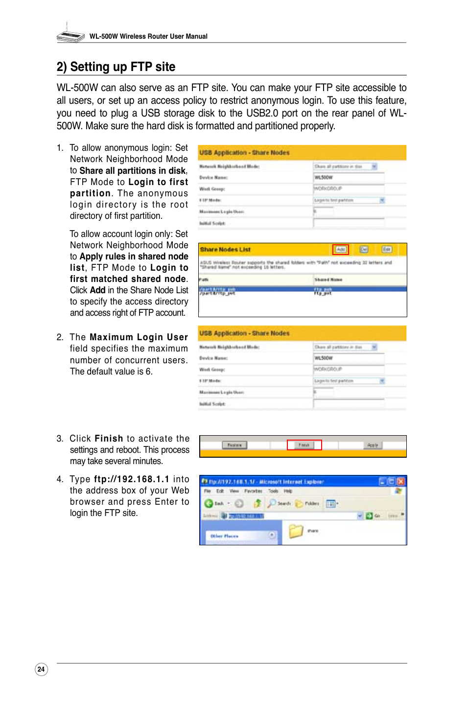 2) setting up ftp site | Asus WL-500W User Manual | Page 26 / 44