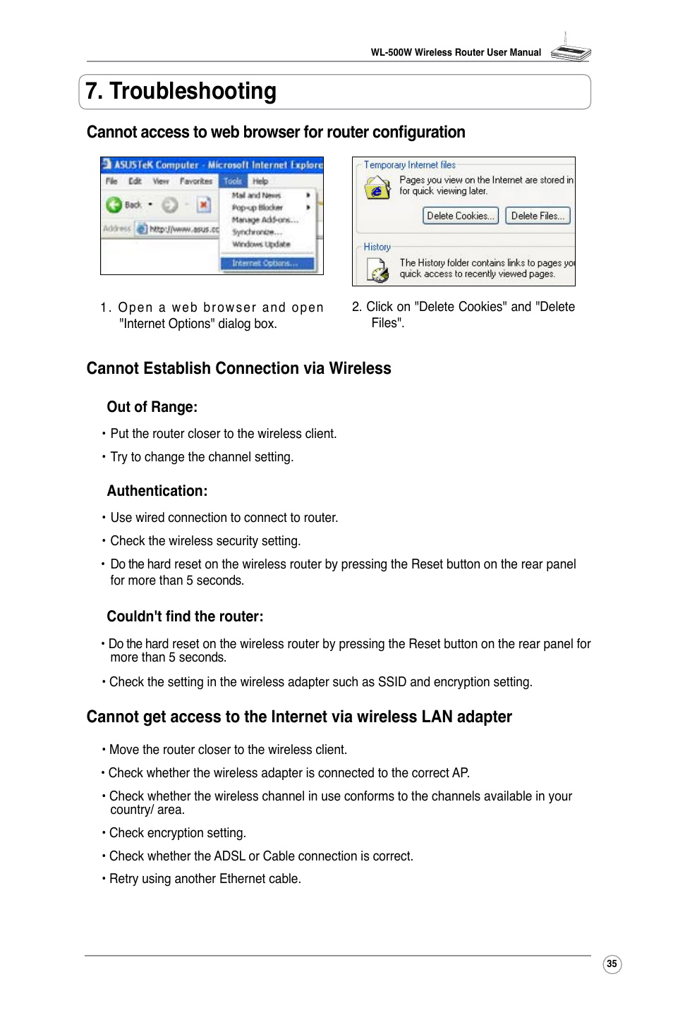 Troubleshooting, Cannot establish connection via wireless | Asus WL-500W User Manual | Page 37 / 44