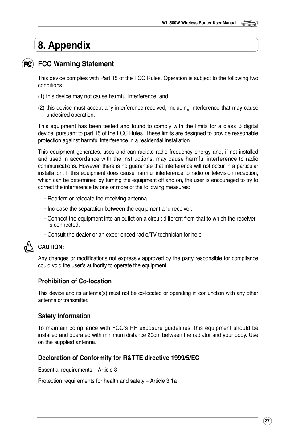 Appendix, Fcc warning statement | Asus WL-500W User Manual | Page 39 / 44