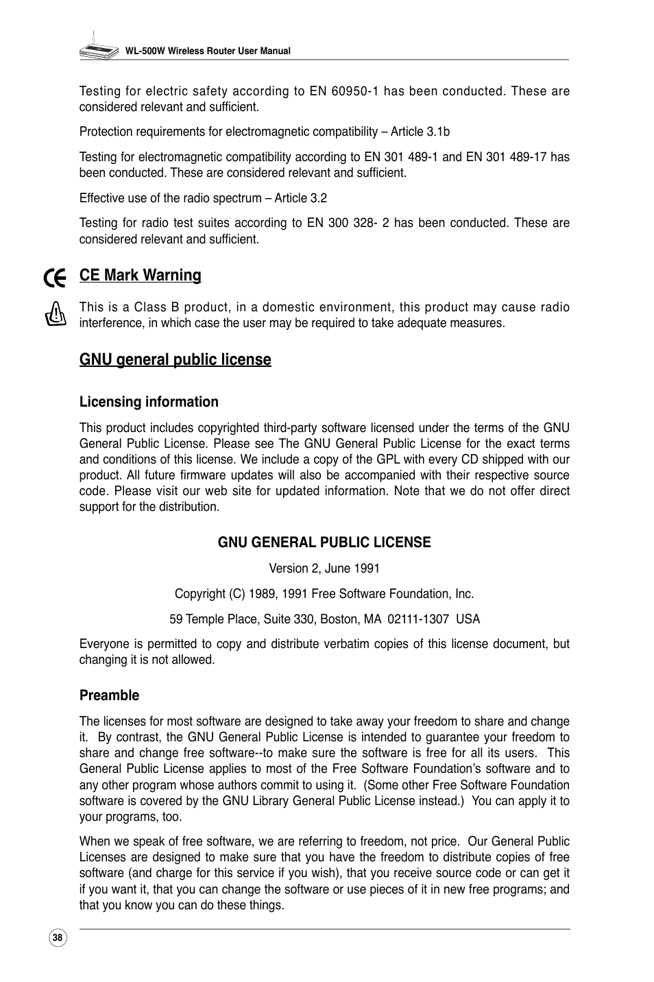 Ce mark warning, Gnu general public license | Asus WL-500W User Manual | Page 40 / 44