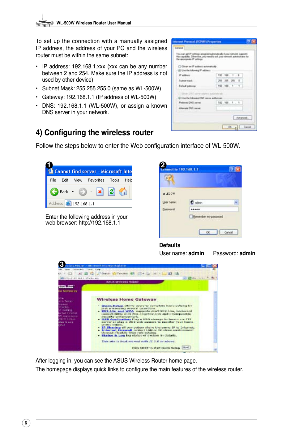 4) configuring the wireless router | Asus WL-500W User Manual | Page 8 / 44