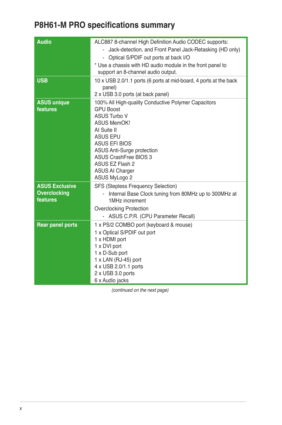 P8h61-m pro specifications summary | Asus P8H61-M PRO User Manual | Page 10 / 76