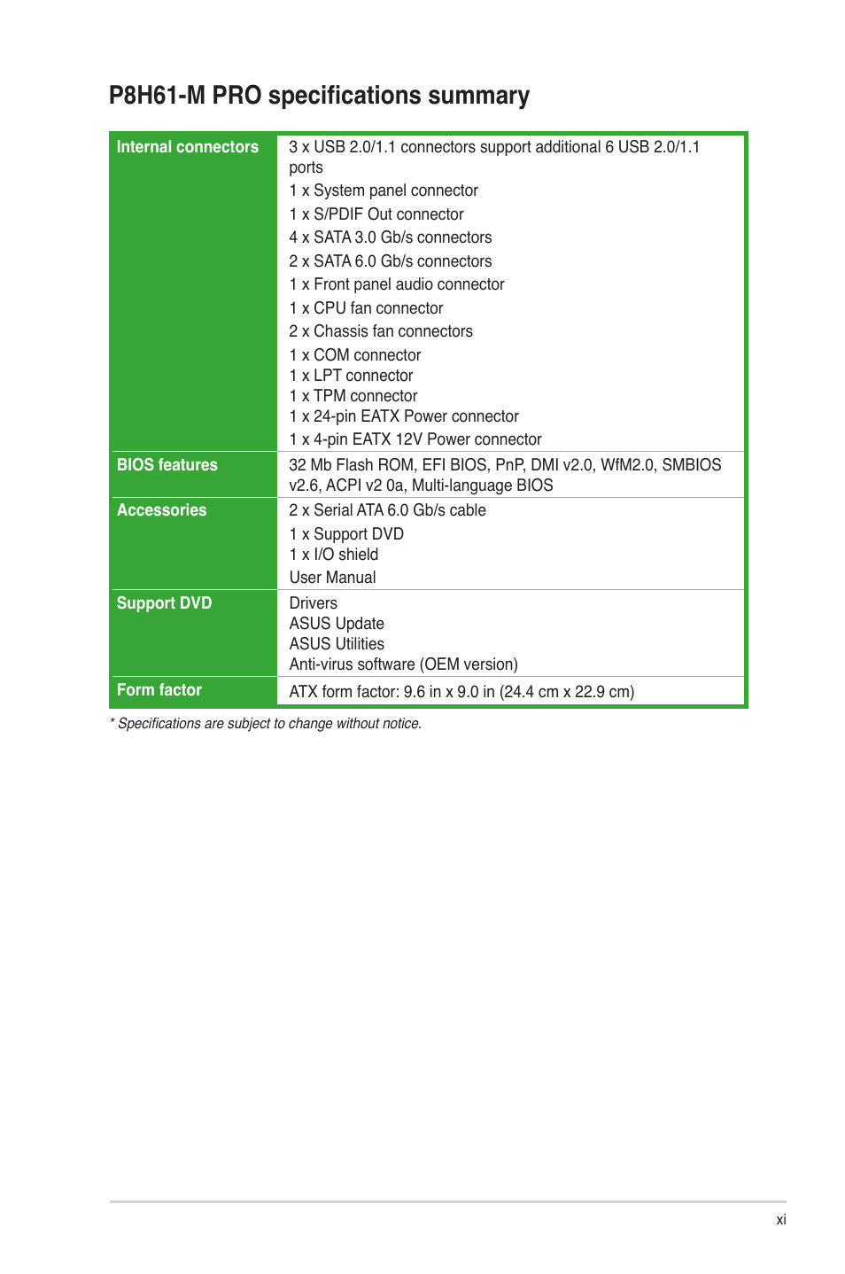 P8h61-m pro specifications summary | Asus P8H61-M PRO User Manual | Page 11 / 76
