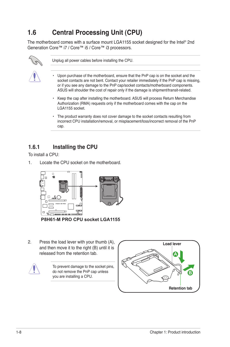 6 central processing unit (cpu), 1 installing the cpu, Central processing unit (cpu) -8 1.6.1 | Installing the cpu -8 | Asus P8H61-M PRO User Manual | Page 20 / 76