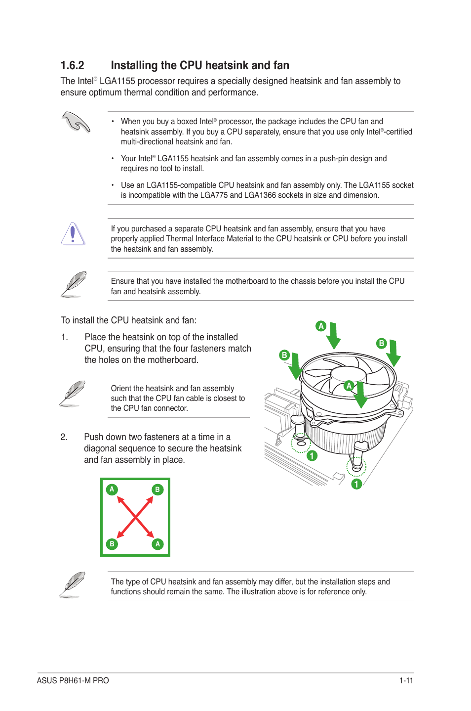 2 installing the cpu heatsink and fan, Installing the cpu heatsink and fan -11 | Asus P8H61-M PRO User Manual | Page 23 / 76