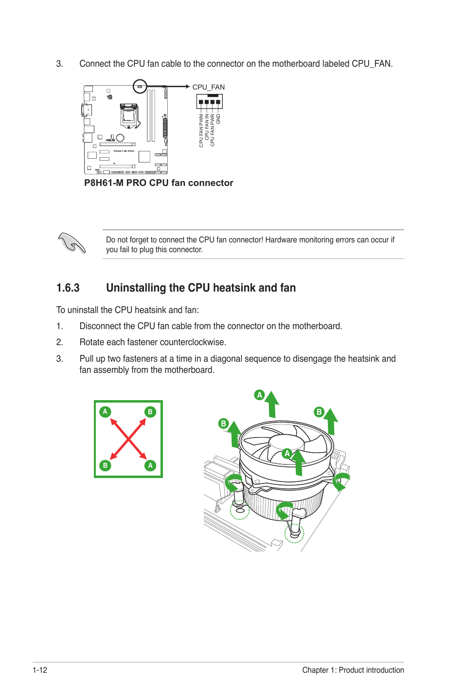 3 uninstalling the cpu heatsink and fan, Uninstalling the cpu heatsink and fan -12, P8h61-m pro cpu fan connector | Asus P8H61-M PRO User Manual | Page 24 / 76