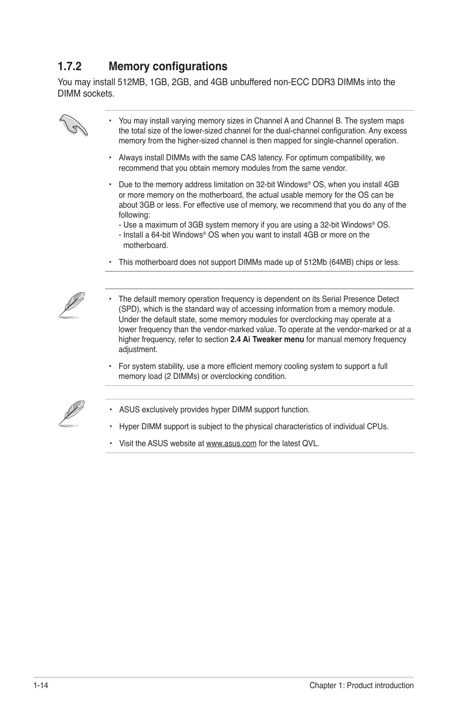 2 memory configurations, Memory configurations -14 | Asus P8H61-M PRO User Manual | Page 26 / 76