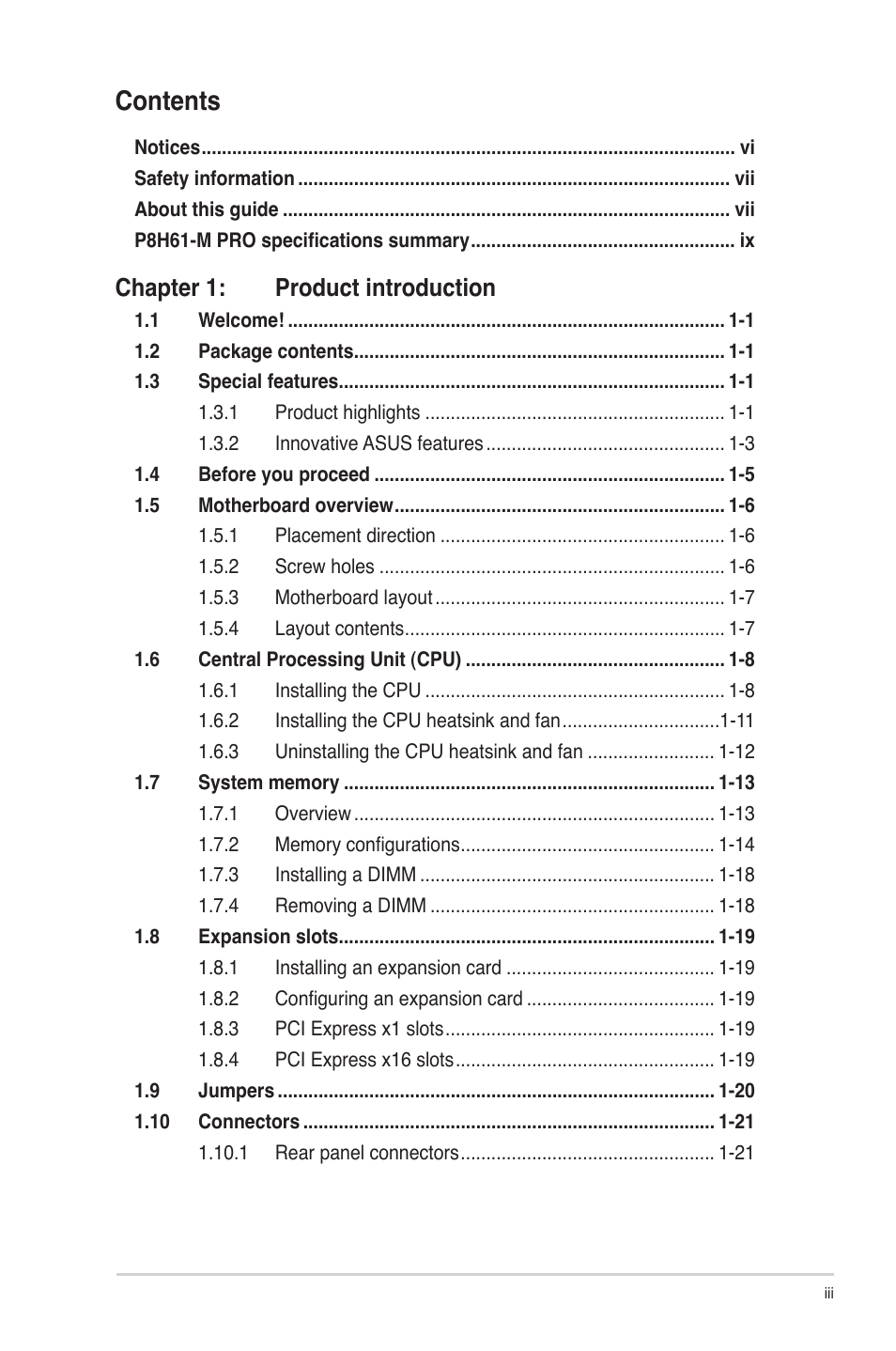 Asus P8H61-M PRO User Manual | Page 3 / 76