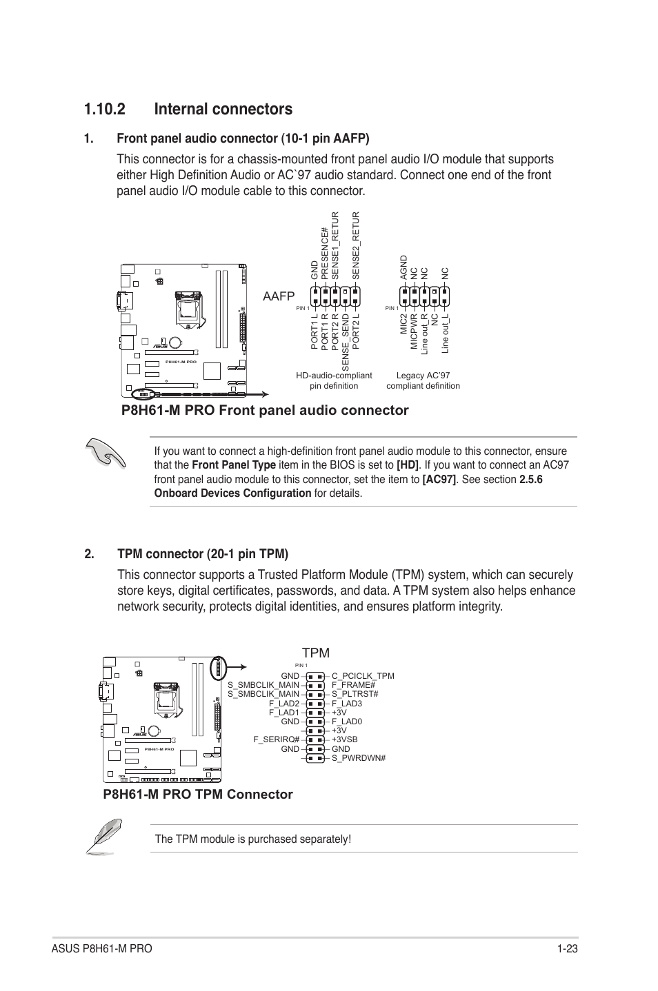 2 internal connectors, 2 internal connectors -23, P8h61-m pro front panel audio connector | P8h61-m pro tpm connector, Aafp | Asus P8H61-M PRO User Manual | Page 35 / 76