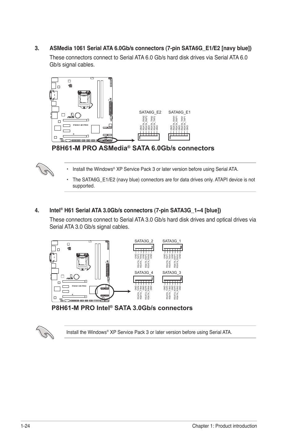 P8h61-m pro asmedia, Sata 6.0gb/s connectors, P8h61-m pro intel | Sata 3.0gb/s connectors, Intel, 24 chapter 1: product introduction, Install the windows | Asus P8H61-M PRO User Manual | Page 36 / 76