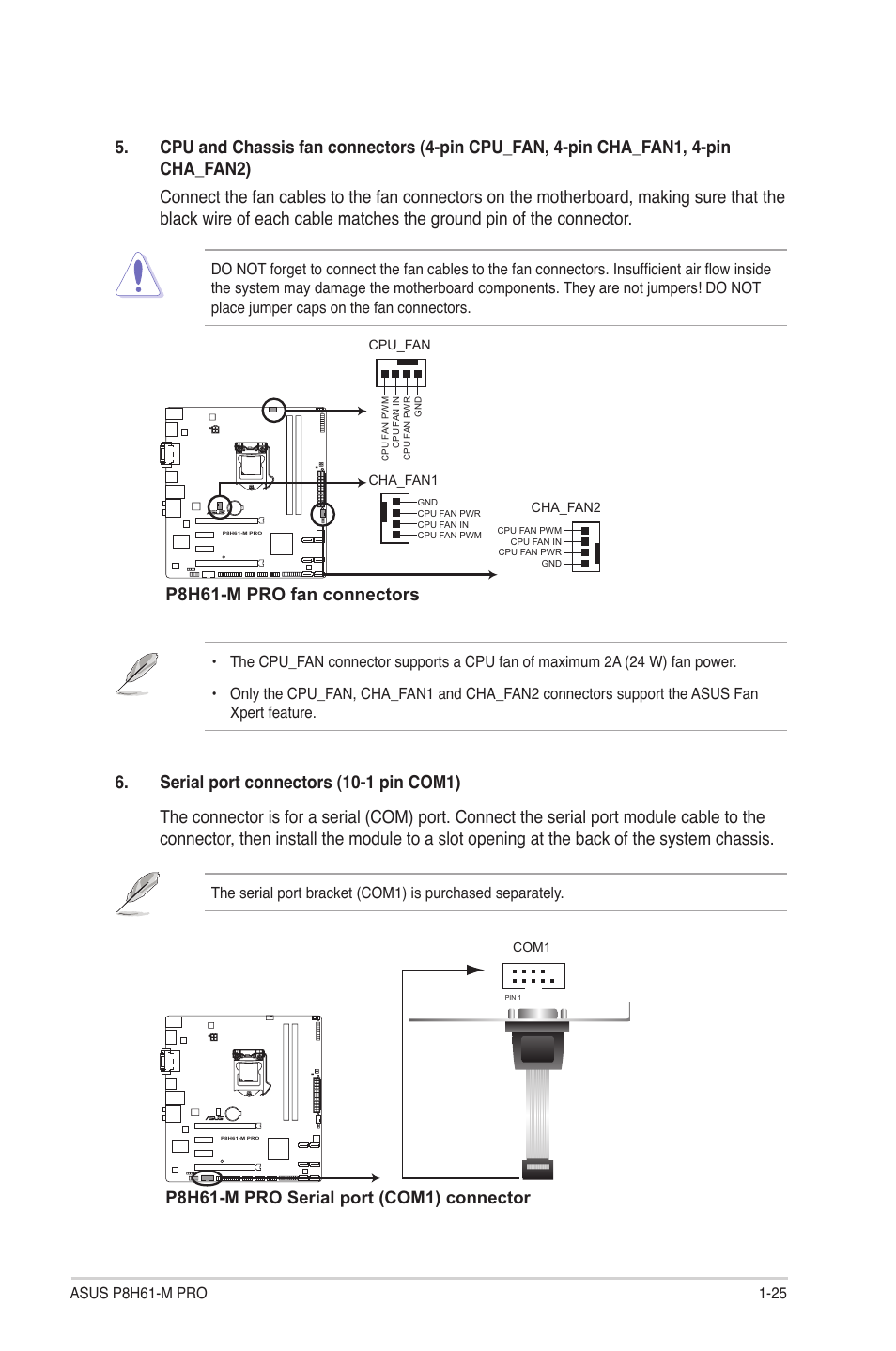P8h61-m pro fan connectors, P8h61-m pro serial port (com1) connector | Asus P8H61-M PRO User Manual | Page 37 / 76
