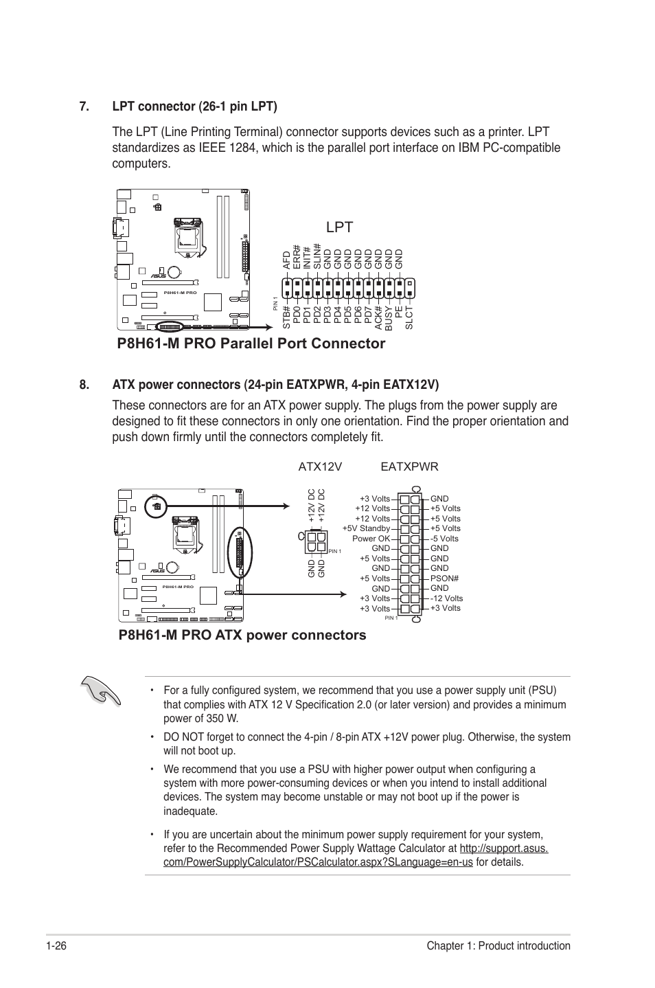 P8h61-m pro parallel port connector, P8h61-m pro atx power connectors | Asus P8H61-M PRO User Manual | Page 38 / 76