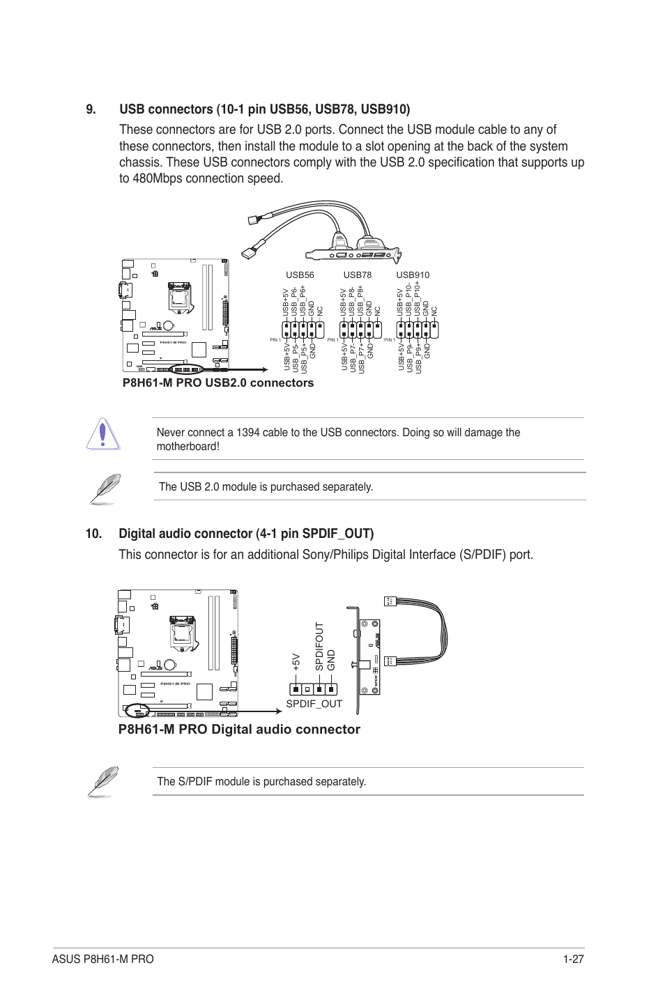 P8h61-m pro digital audio connector, The s/pdif module is purchased separately | Asus P8H61-M PRO User Manual | Page 39 / 76