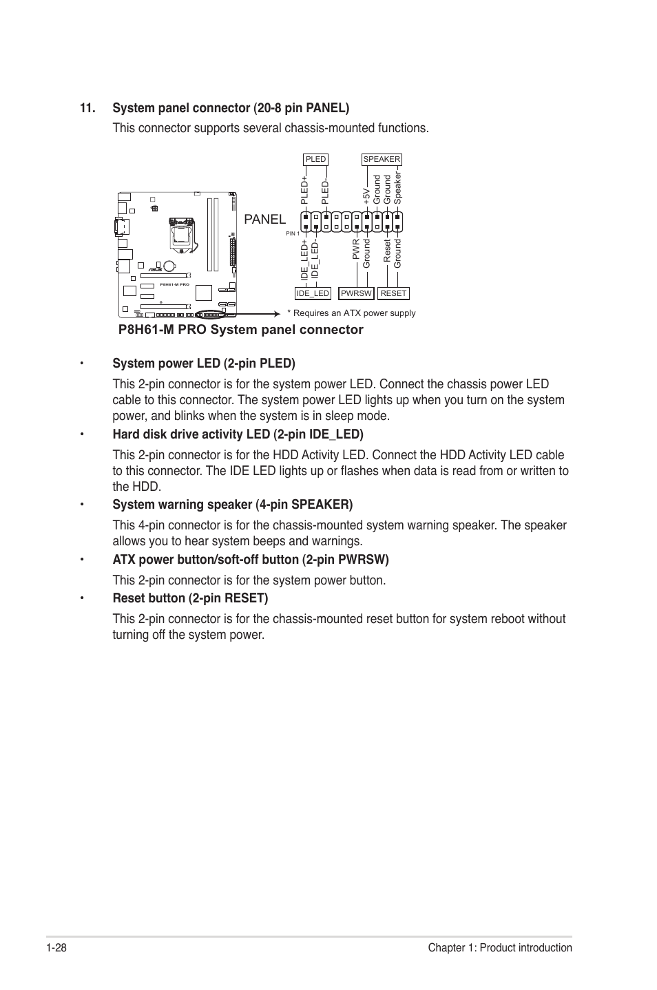 P8h61-m pro system panel connector, Panel | Asus P8H61-M PRO User Manual | Page 40 / 76