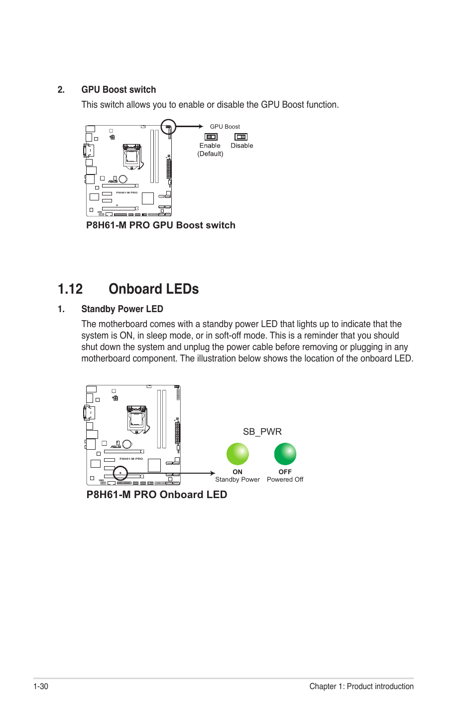 12 onboard leds, 12 onboard leds -30, P8h61-m pro onboard led | Asus P8H61-M PRO User Manual | Page 42 / 76