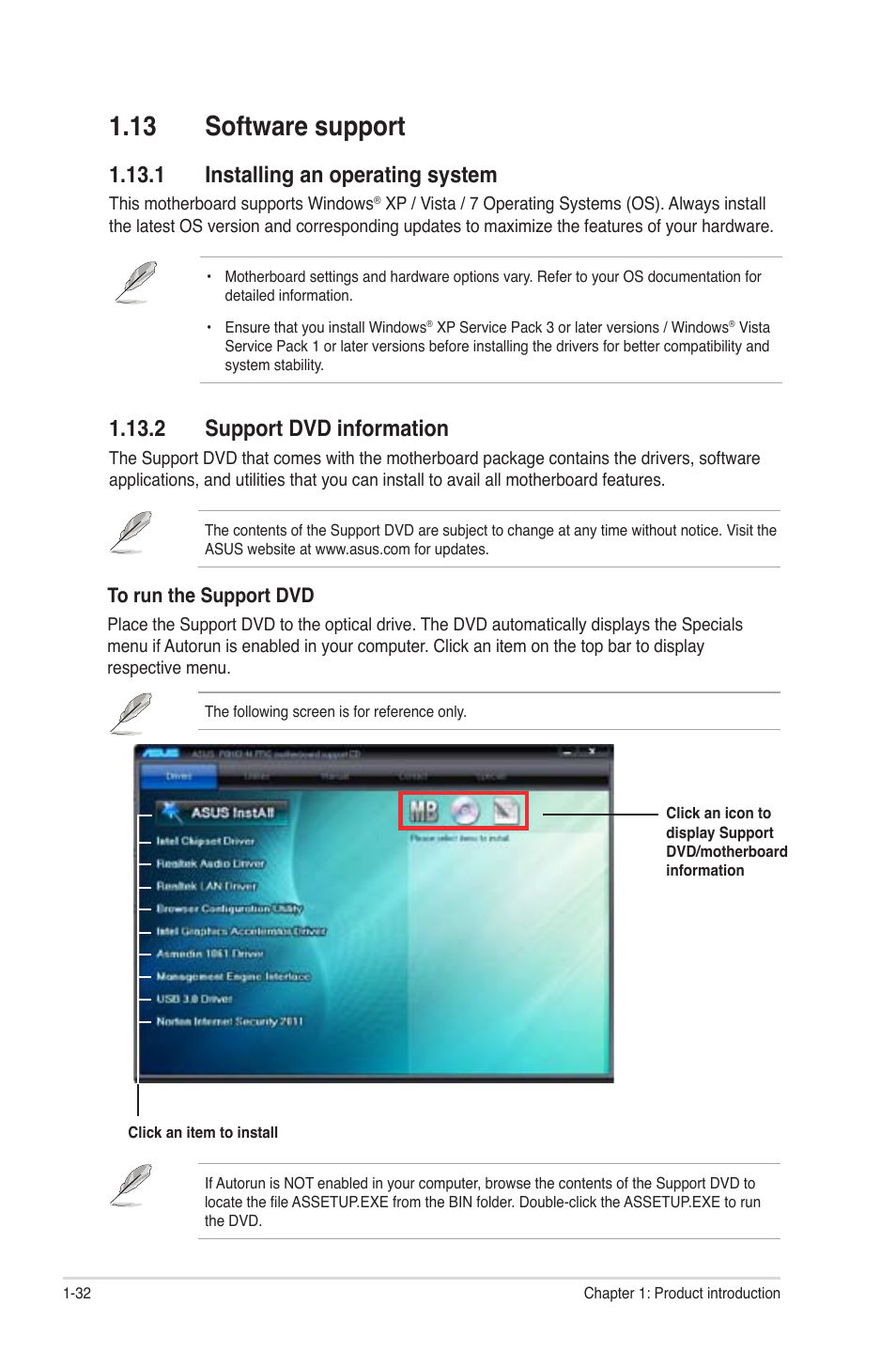 13 software support, 1 installing an operating system, 2 support dvd information | 13 software support -32 | Asus P8H61-M PRO User Manual | Page 44 / 76