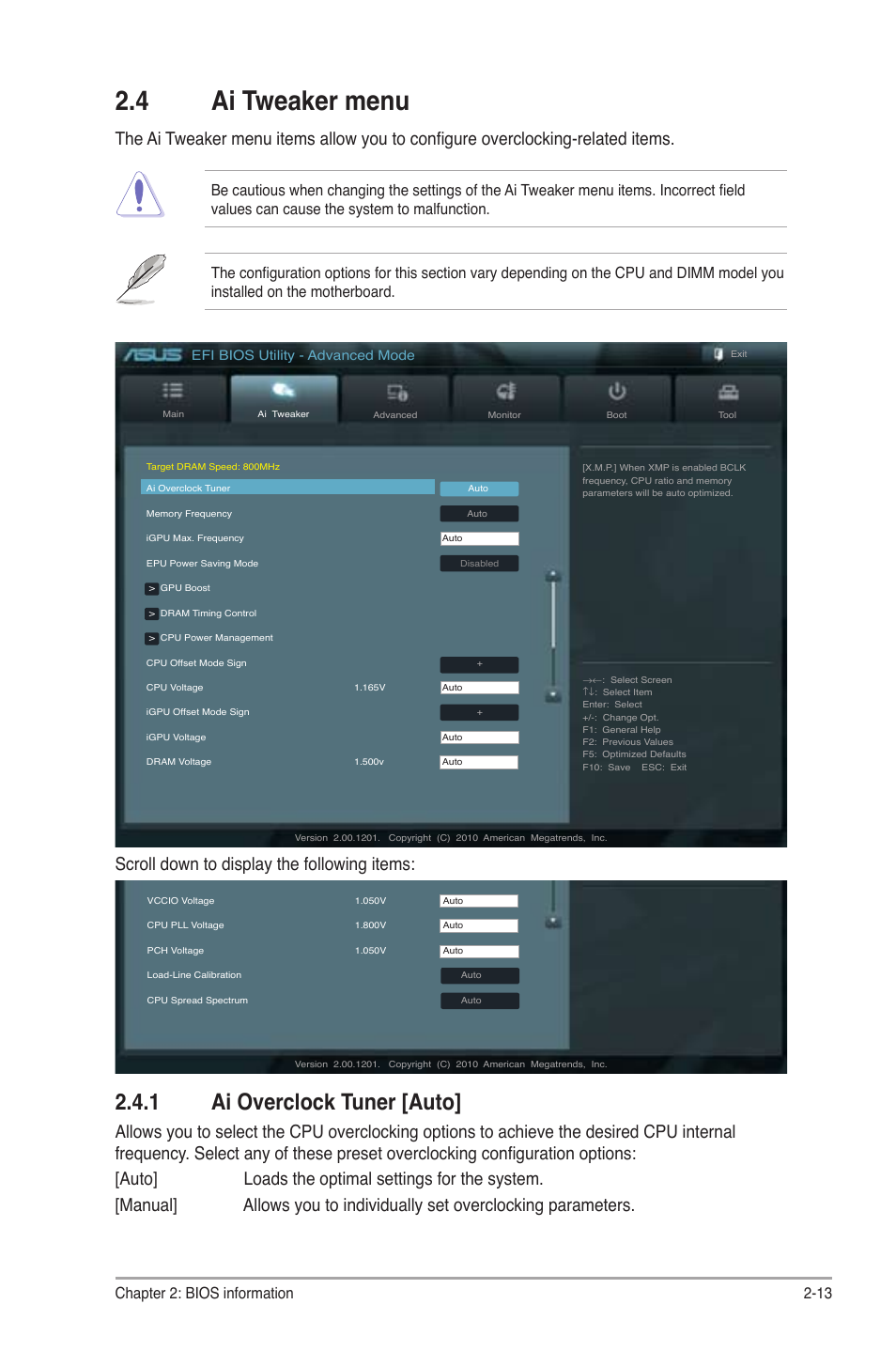 4 ai tweaker menu, 1 ai overclock tuner [auto, Ai tweaker menu -13 2.4.1 | Ai overclock tuner [auto] -13, Chapter 2: bios information 2-13 | Asus P8H61-M PRO User Manual | Page 57 / 76