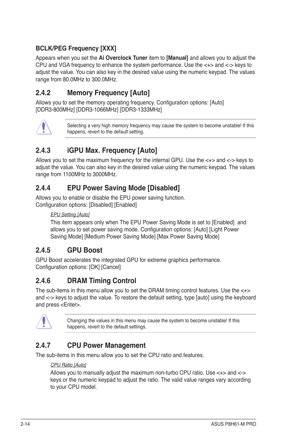 2 memory frequency [auto, 3 igpu max. frequency [auto, 4 epu power saving mode [disabled | 5 gpu boost, 6 dram timing control, 7 cpu power management, Memory frequency [auto] -14, Igpu max. frequency [auto] -14, Epu power saving mode [disabled] -14, Gpu boost -14 | Asus P8H61-M PRO User Manual | Page 58 / 76
