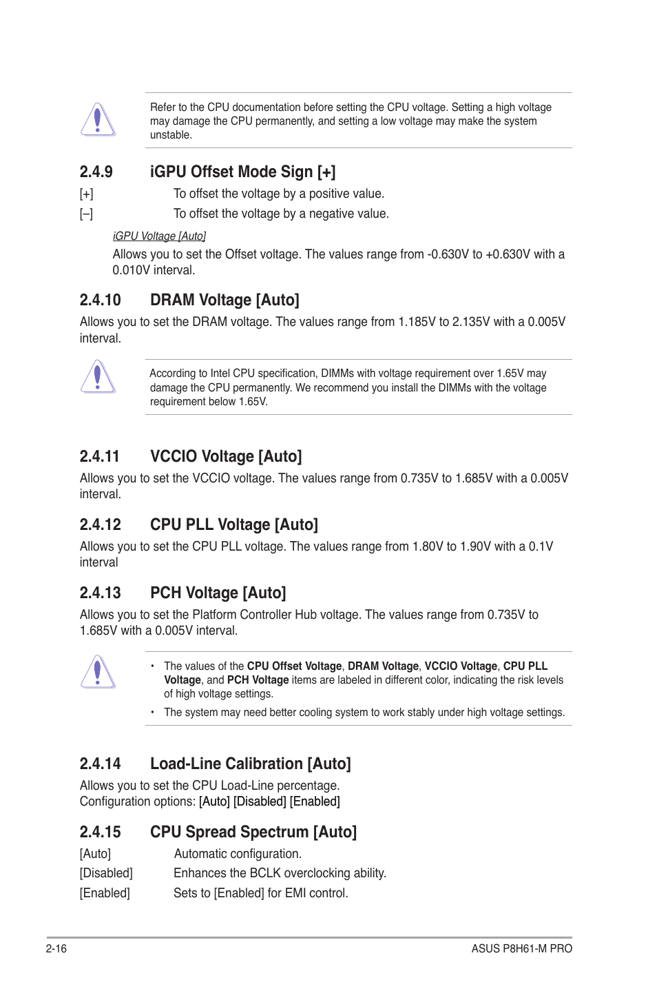 9 igpu offset mode sign, 10 dram voltage [auto, 11 vccio voltage [auto | 12 cpu pll voltage [auto, 13 pch voltage [auto, 14 load-line calibration [auto, 15 cpu spread spectrum [auto, Igpu offset mode sign [+] -16 | Asus P8H61-M PRO User Manual | Page 60 / 76