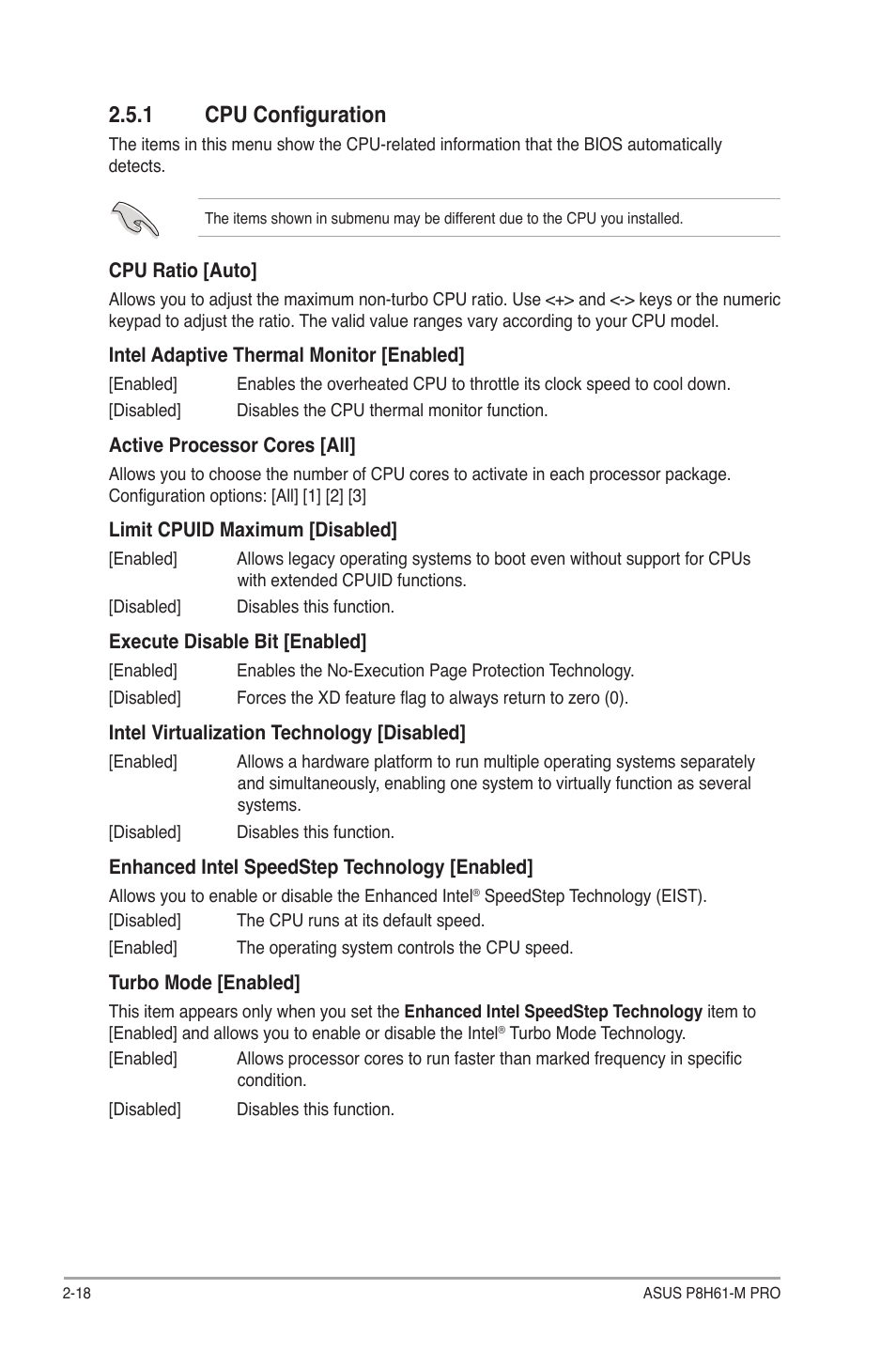 1 cpu configuration, Cpu configuration -18 | Asus P8H61-M PRO User Manual | Page 62 / 76