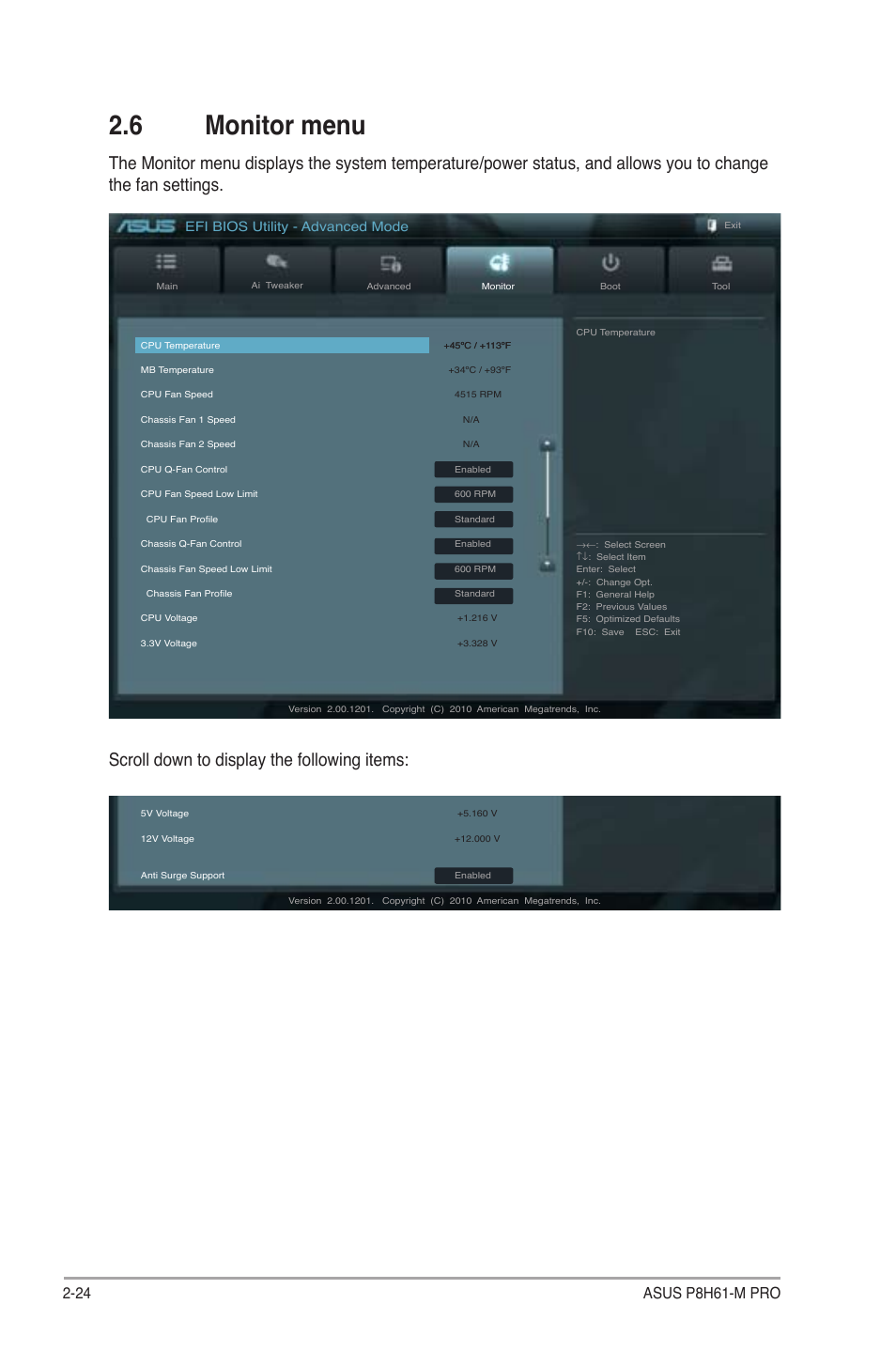 6 monitor menu, Monitor menu -24, Scroll down to display the following items | Efi bios utility - advanced mode | Asus P8H61-M PRO User Manual | Page 68 / 76