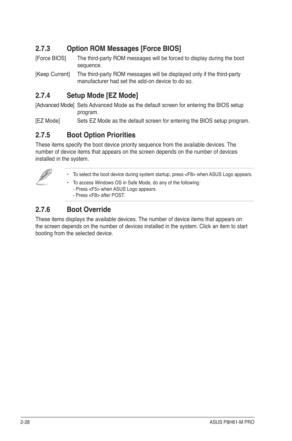 3 option rom messages [force bios, 4 setup mode [ez mode, 5 boot option priorities | 6 boot override, Option rom messages [force bios] -28, Setup mode [ez mode] -28, Boot option priorities -28, Boot override -28 | Asus P8H61-M PRO User Manual | Page 72 / 76