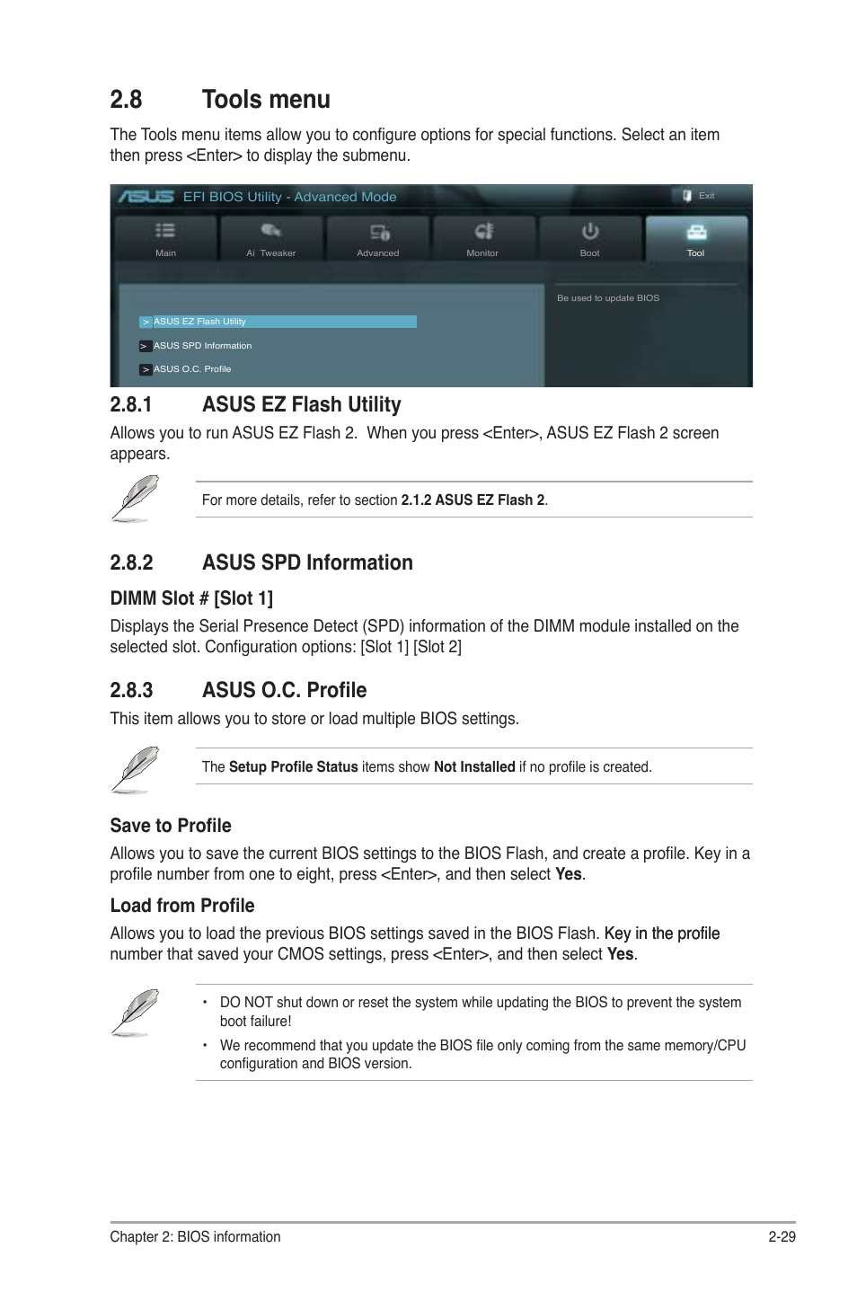 8 tools menu, 1 asus ez flash utility, 2 asus spd information | 3 asus o.c. profile, Tools menu -29 2.8.1, Asus ez flash utility -29, Asus spd information -29, Asus o.c. profile -29, Save to profile, Load from profile | Asus P8H61-M PRO User Manual | Page 73 / 76