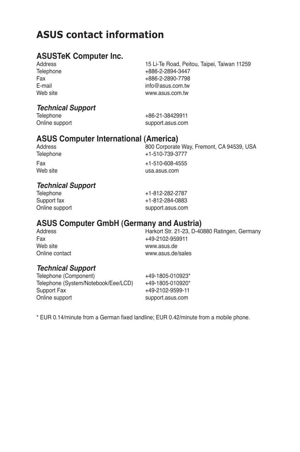 Asus contact information, Asustek computer inc, Asus computer international (america) | Asus computer gmbh (germany and austria), Technical support | Asus P8H61-M PRO User Manual | Page 75 / 76