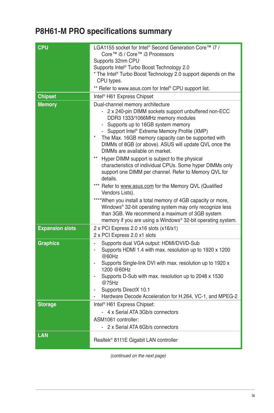 P8h61-m pro specifications summary | Asus P8H61-M PRO User Manual | Page 9 / 76