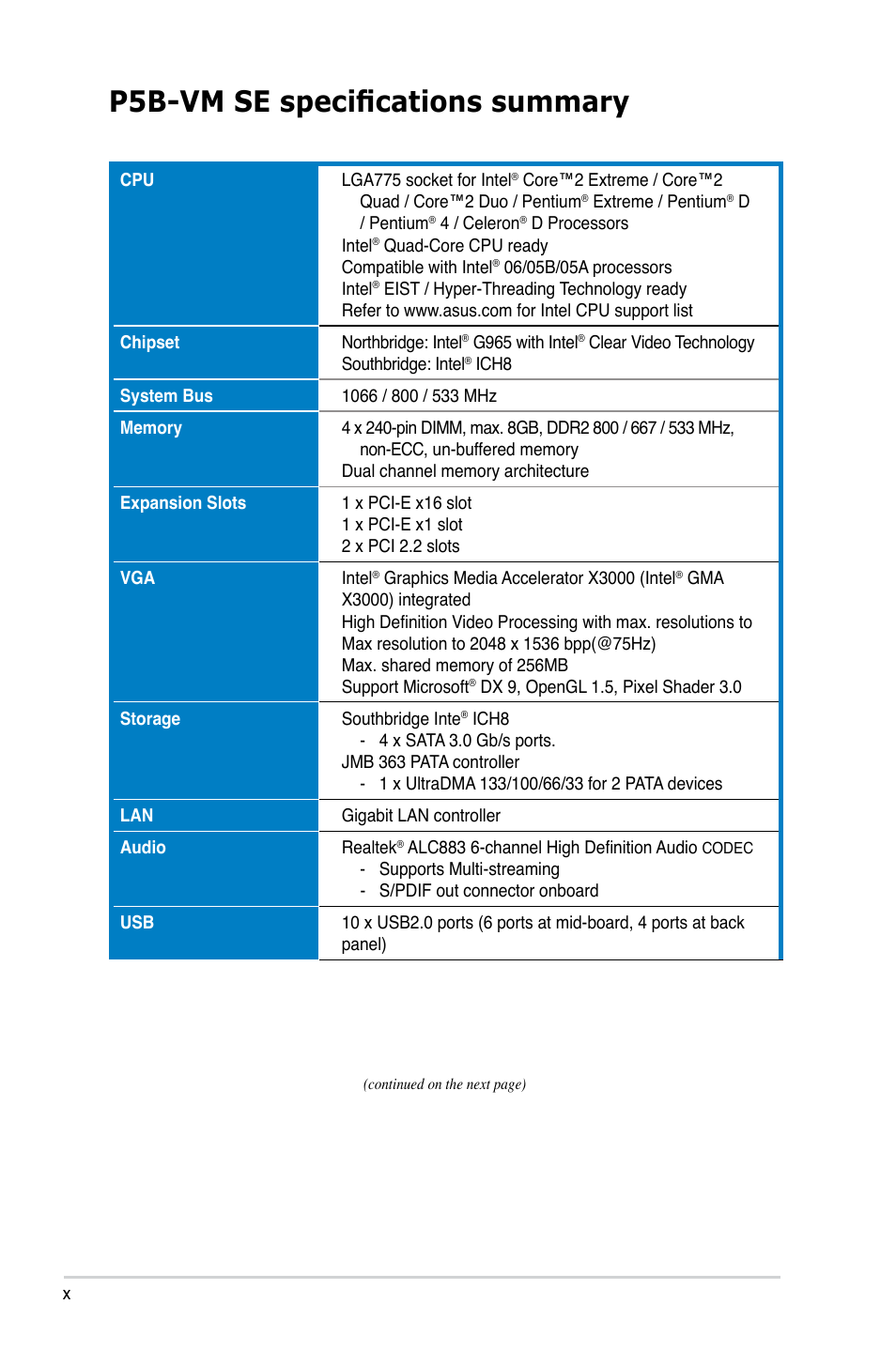 P5b-vm se specifications summary | Asus P5B-VM SE User Manual | Page 10 / 94