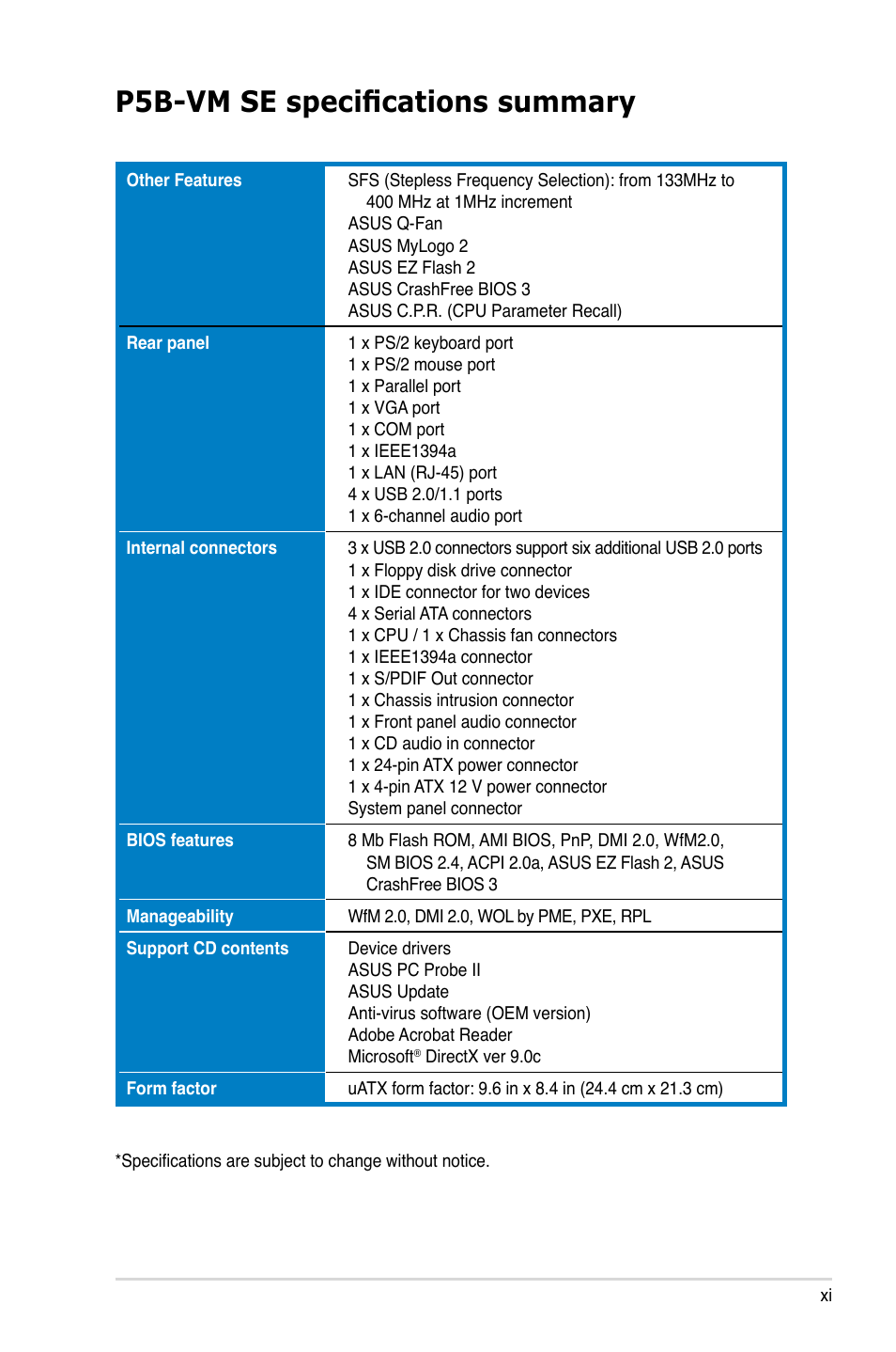 P5b-vm se specifications summary | Asus P5B-VM SE User Manual | Page 11 / 94