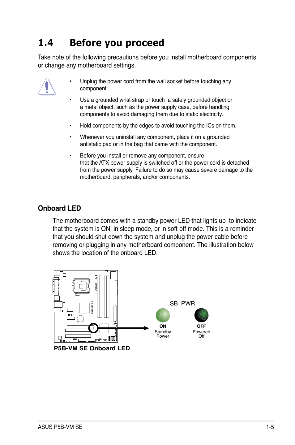 4 before you proceed, Onboard led | Asus P5B-VM SE User Manual | Page 17 / 94